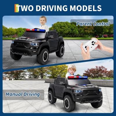 Garvee 12V Kids Ride On Police Car RAM Truck with Remote Control, 3 Speeds, Spring Suspension, LED Lights, Safety Lock, Pickup Truck for Toddlers