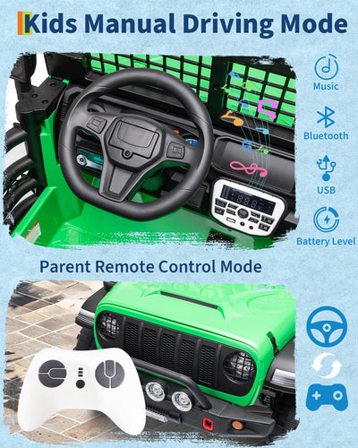 Garvee 24V Ride on Toys for Big Kids, 2-Seater Electric Ride on Car Truck with Remote Control, Four-Wheel Shock Absorbers, 4 Mph Max Speed, Music, LED Lights for Boys Girls, Green