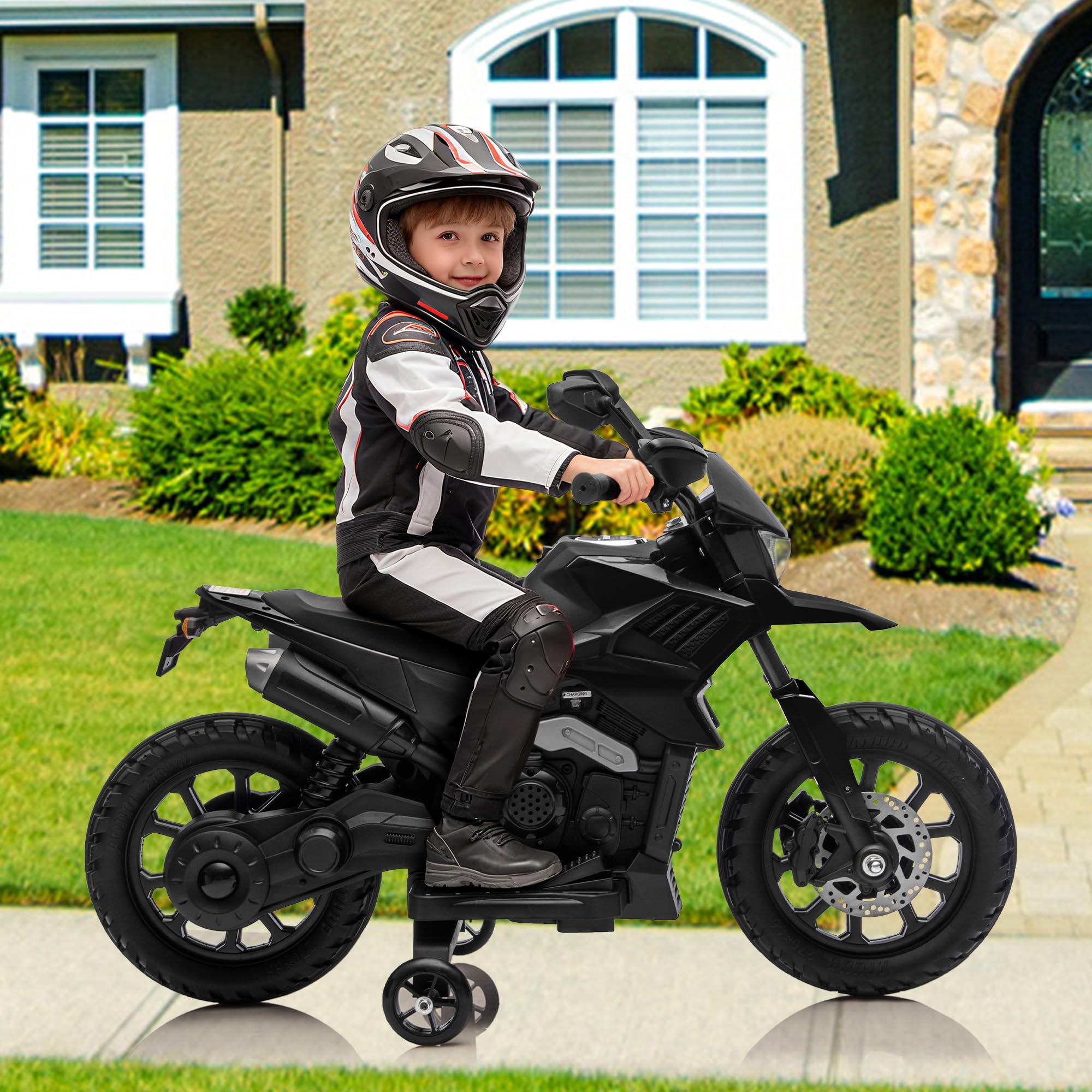 Garvee 6V Kids Electric Motorcycle with Training Wheels, Adjustable Speed 2-5 MPH, Durable Battery-Powered Ride-On Bike, Headlight & Music, Safe for Toddlers Outdoor Play