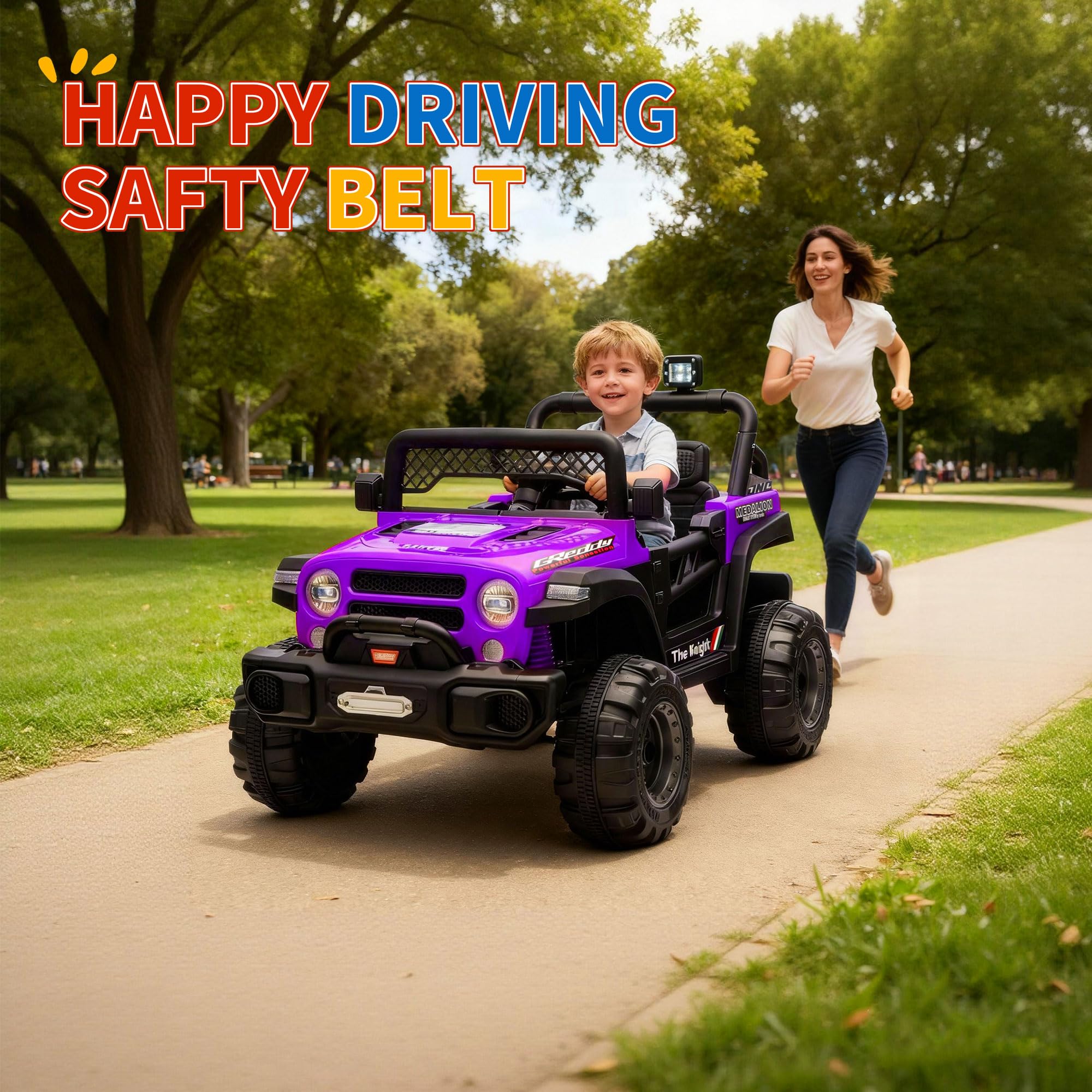 Garvee 12V Kids Electric Ride-On Truck – Dual 550W Motors, 3 Speeds, Remote Control, Spring Suspension, LED Lights, Music Player, Safety Belt – Battery Powered Car for Kids Ages 3-8, Purple
