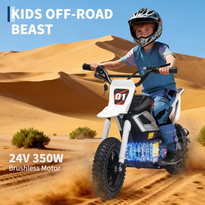 Garvee Kids 24V 350W Electric Dirt Bike with Rear Suspension, Music, Leather Seat, Rubber Tires, Twist Grip Throttle, 13.7 Mph, 12 Miles Range, Outdoor Riding