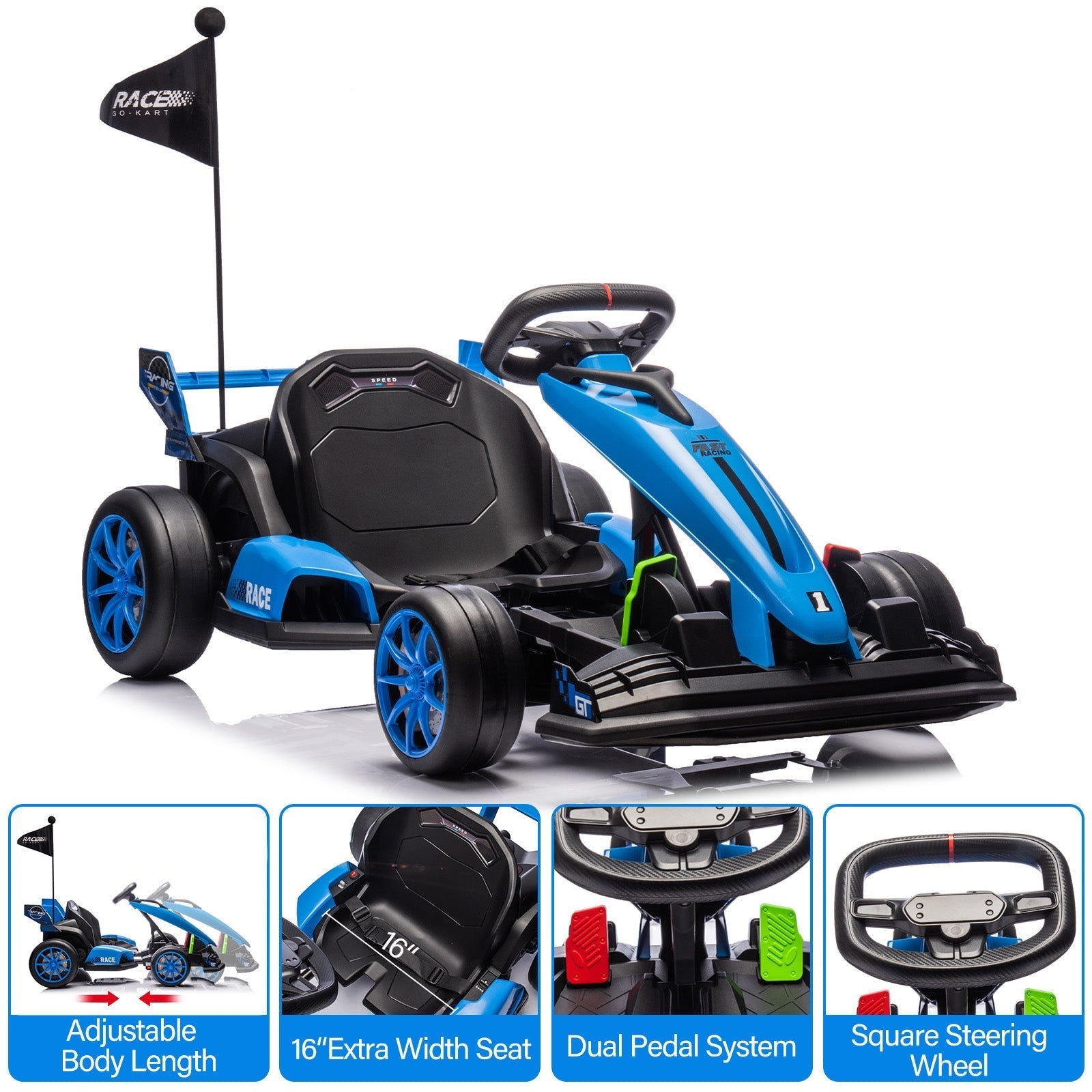 Garvee Ride - G Series: 24V Kids Ride on Go Kart, 7.5mph Variable High Speed Drifting Car, 7ah Battery 200W*2 Motors ,Length Ajustable Max Load 135lbs, Power Display Racing Toy for for Kids Child 6+ ,Blue