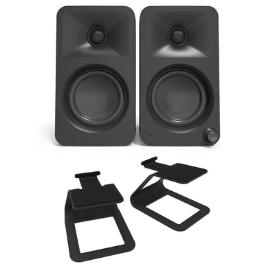 Kanto ORA 100W Powered Reference Desktop Speakers with Bluetooth & SE2 Speaker Stands Package Black