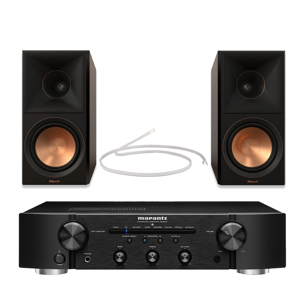 Marantz PM6007 Integrated Amplifier Black with Klipsch RP-600M II Bookshelf Speakers Pair Walnut HiFi Package