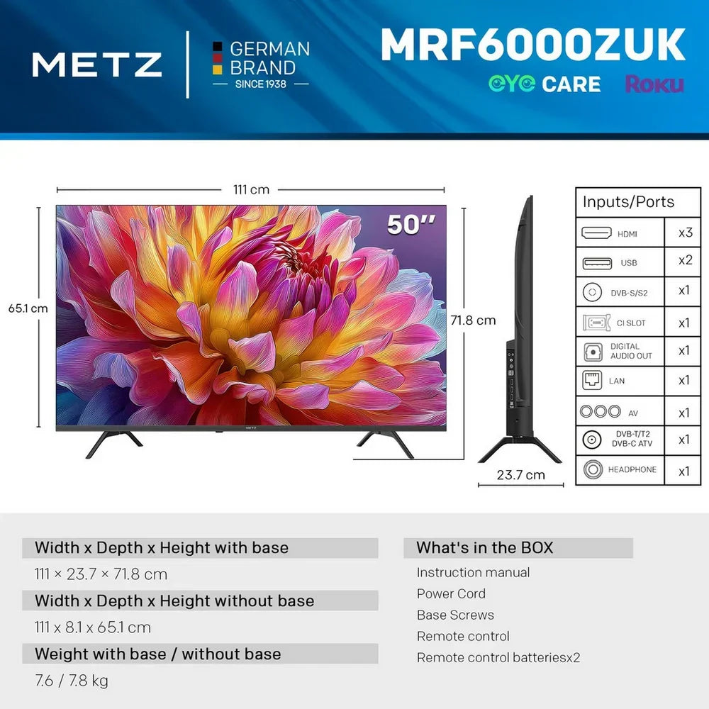 Metz 50MRF6000ZUK 50 Inch MRF6000Z 4K Ultra HD HDR DLED Smart TV with Freely