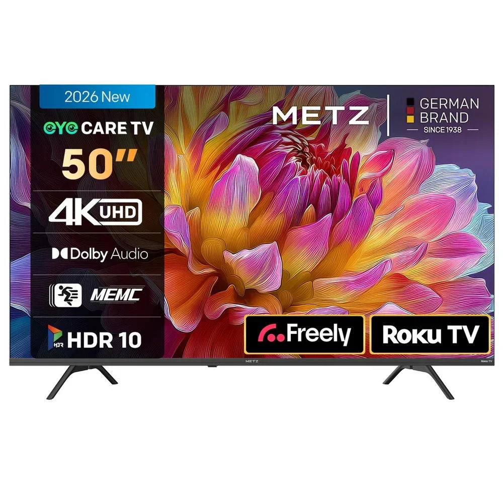 A 55-inch METZ LED TV shown from the front on a white background. The screen displays a colorful abstract floral design with various feature badges on the left and right sides, including '2026 New', 'eye CARE TV', '4K UHD', 'Dolby Audio', 'MEMC', 'HDR 10', 'Freely', and 'Roku TV'.