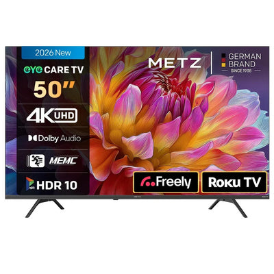 A 55-inch METZ LED TV shown from the front on a white background. The screen displays a colorful abstract floral design with various feature badges on the left and right sides, including '2026 New', 'eye CARE TV', '4K UHD', 'Dolby Audio', 'MEMC', 'HDR 10', 'Freely', and 'Roku TV'.