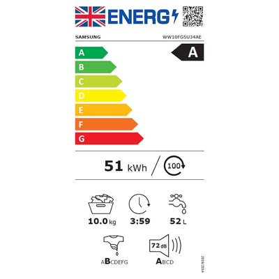 Samsung Series 5 AI Energy WW10FG5U34AEEU 10kg WiFi Connected Washing Machine with 1400 Spin White - A Rated