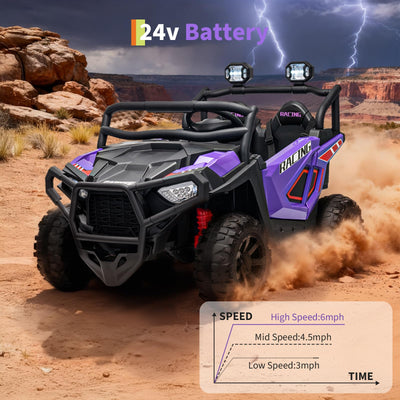 Garvee 24V 2-Seater Electric UTV Ride-On Truck for Kids Ages 2-8 – Battery Powered, Remote Control, 4-Wheel Suspension, Gradual Power-Up, 3 Speeds, LED Lights, Wireless – Purple