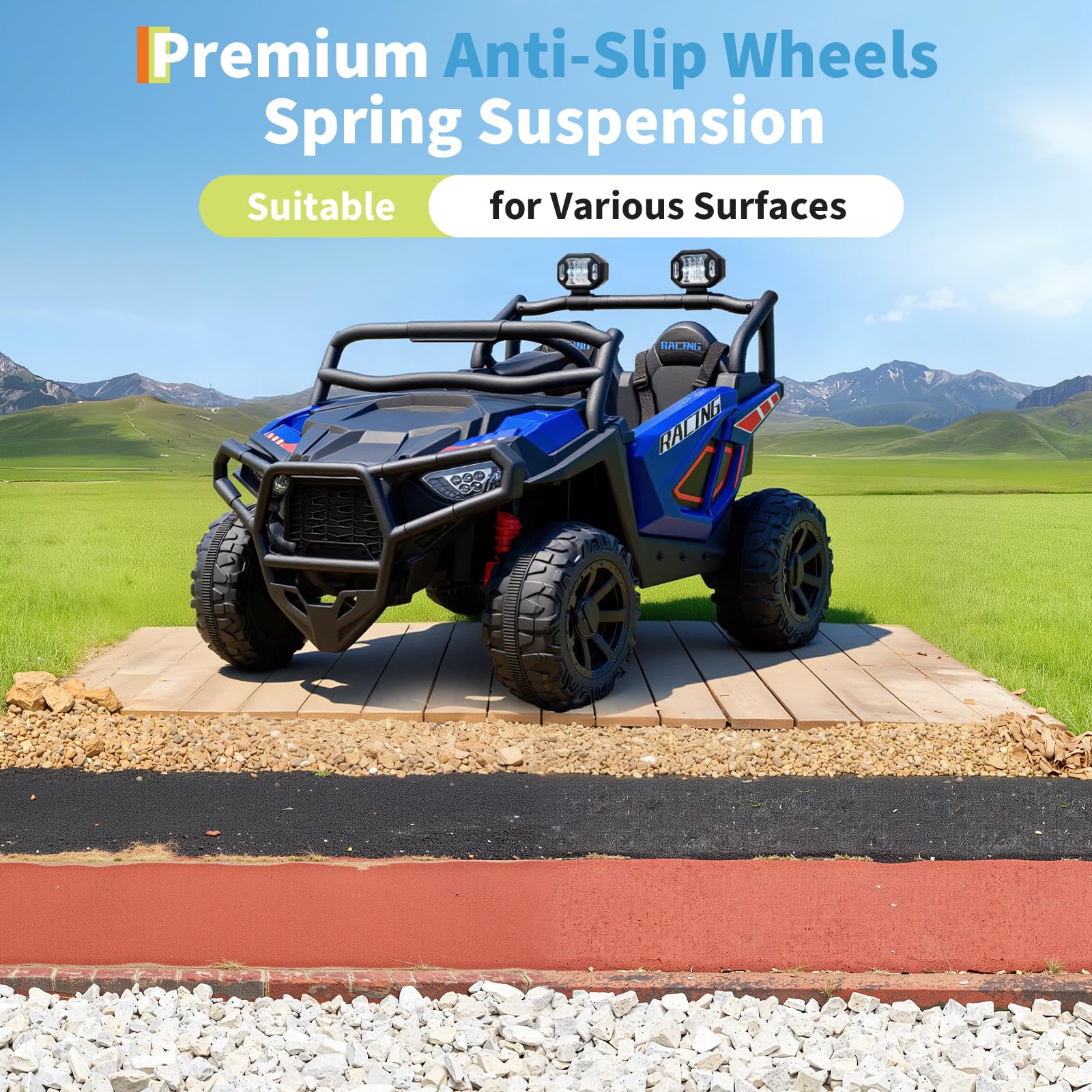 Garvee 24V 2-Seater Electric UTV Ride-On Truck for Kids Ages 2-8 – Battery Powered, Remote Control, 4-Wheel Suspension, Gradual Power-Up, 3 Speeds, LED Lights, Wireless – Blue
