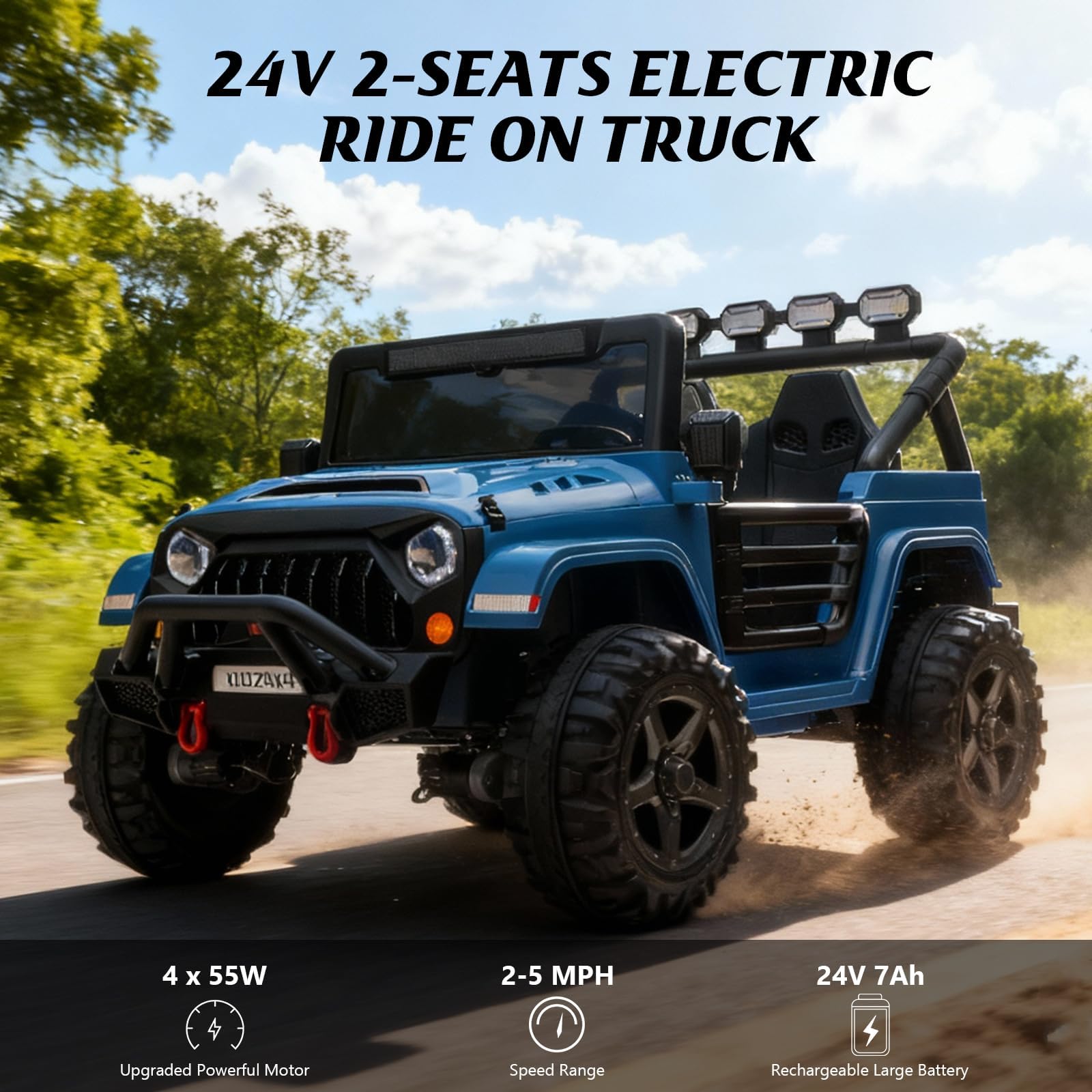 Garvee 24V Electric Ride On Truck for Big Kids – 2 Seater – Parental Remote Control – 3 Speeds – 4-Wheel Suspension – LED Lights – Wireless Audio/MP3 Player – Standard Test Method/CPSIA Certified – Navy Blue