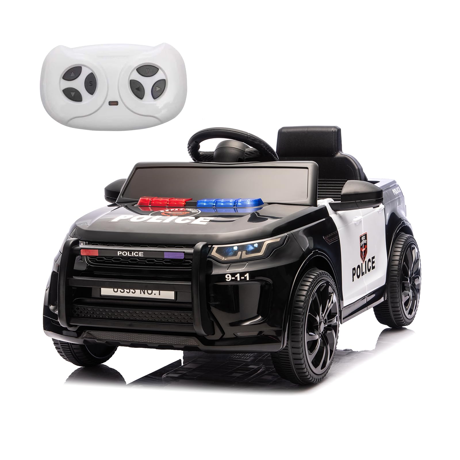 Garvee Kids Electric Police Car Ride-On 12V 4.5Ah Battery Dual 35W Motors LED Lights Bluetooth Speaker Remote Control White/Black Indoor Outdoor