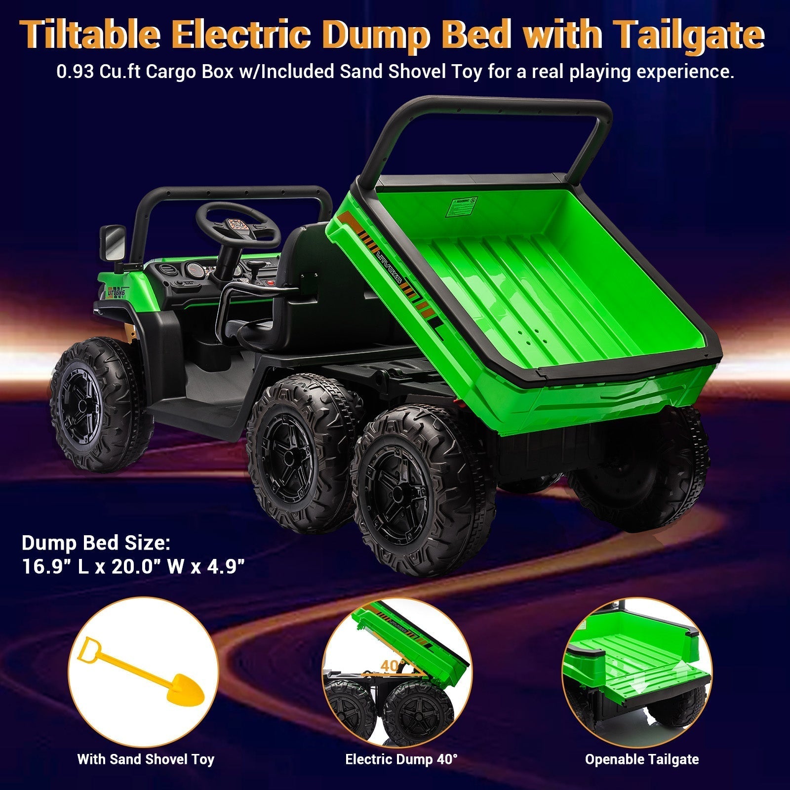 Garvee 24V 2-Seater 6-Wheel 4WD Kids Electric Dump Truck Ride-On UTV - Parental Remote, Wireless Audio Music, LED Lights, Electric Dump Bed, Shovel - Off-Road Toy for Big Kids - Green