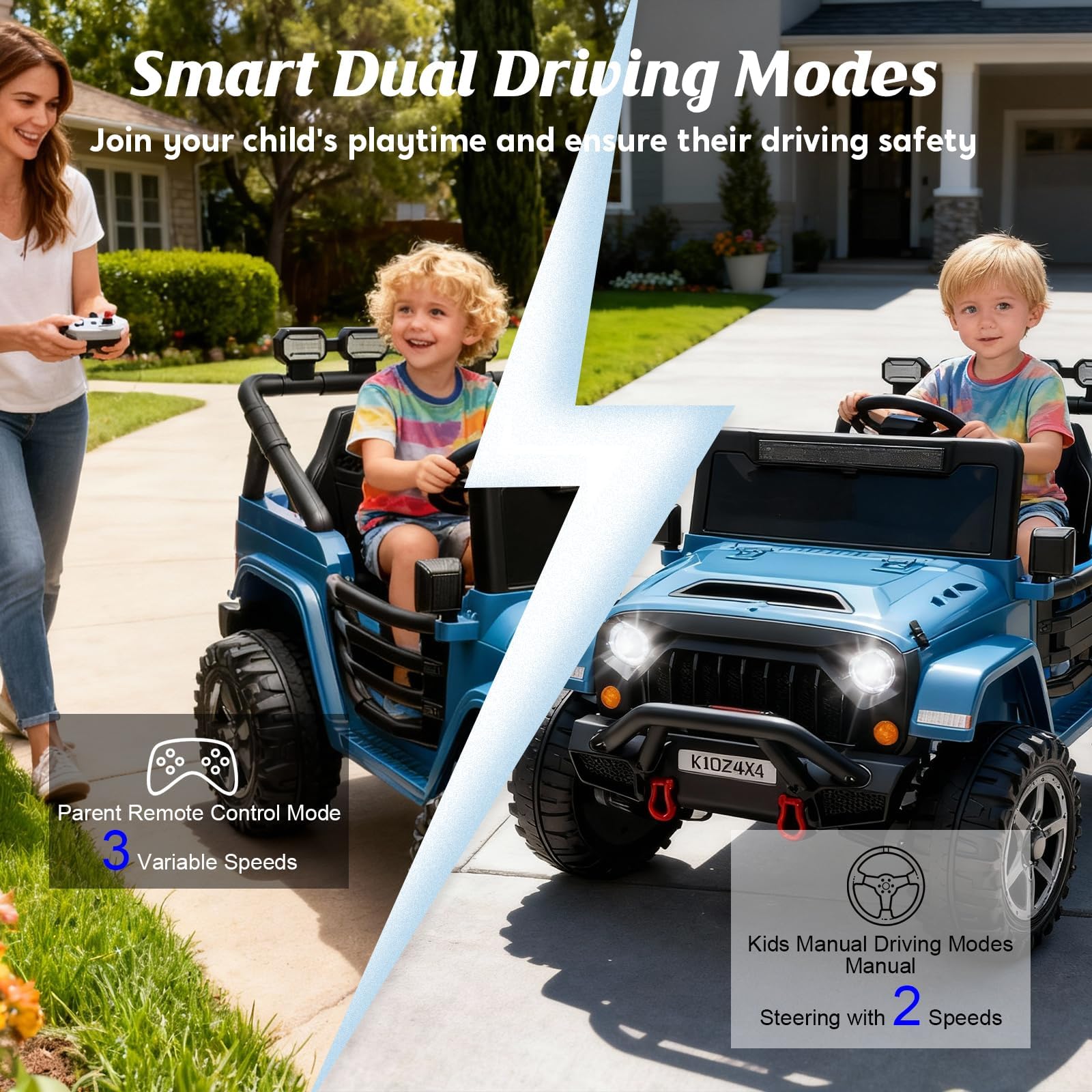 Garvee 24V Electric Ride On Truck for Big Kids – 2 Seater – Parental Remote Control – 3 Speeds – 4-Wheel Suspension – LED Lights – Wireless Audio/MP3 Player – Standard Test Method/CPSIA Certified – Navy Blue