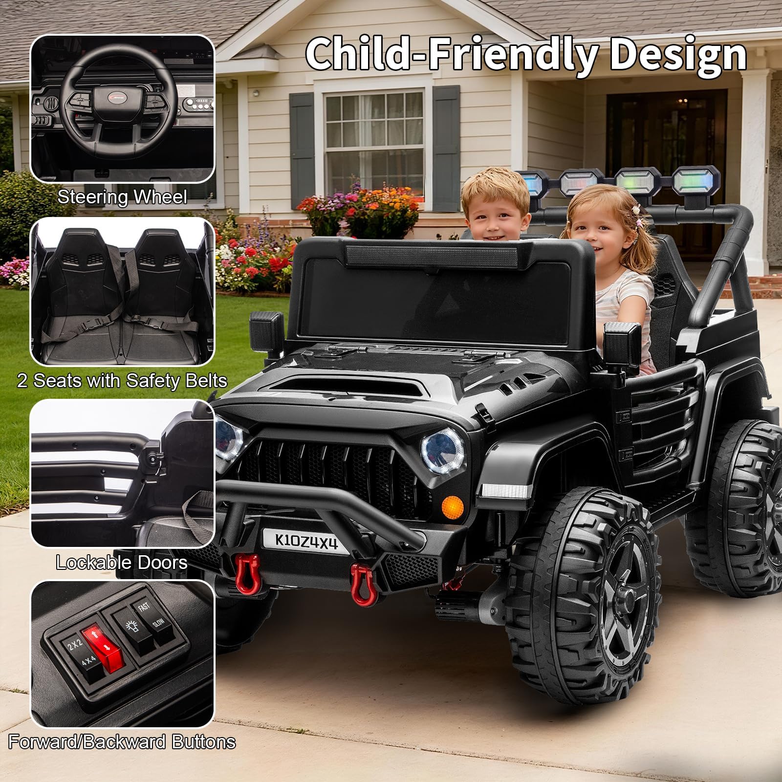 Garvee 24V 4x4 Electric Ride On Truck for Big Kids – 2 Seater Battery Powered Car – Remote Control – 3 Speeds – 4-Wheel Suspension – LED Lights – Wireless Audio Music – Gradual Start – Black