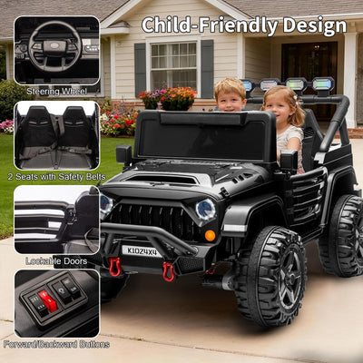 Garvee 24V 4x4 Electric Ride On Truck for Big Kids – 2 Seater Battery Powered Car – Remote Control – 3 Speeds – 4-Wheel Suspension – LED Lights – Wireless Audio Music – Gradual Start – Black