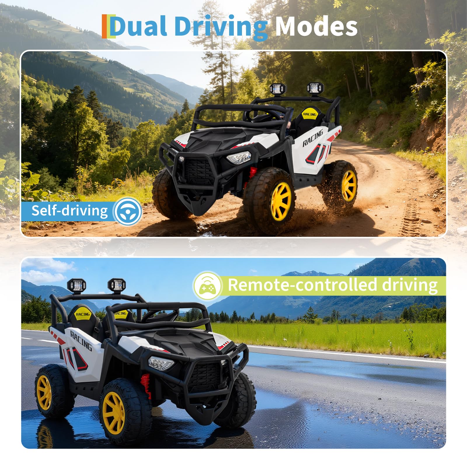 Garvee 24V 2-Seater Electric UTV Ride-On Truck for Kids Ages 2-8 – Battery Powered, Remote Control, 4-Wheel Suspension, Gradual Power-Up, 3 Speeds, LED Lights, Wireless – White