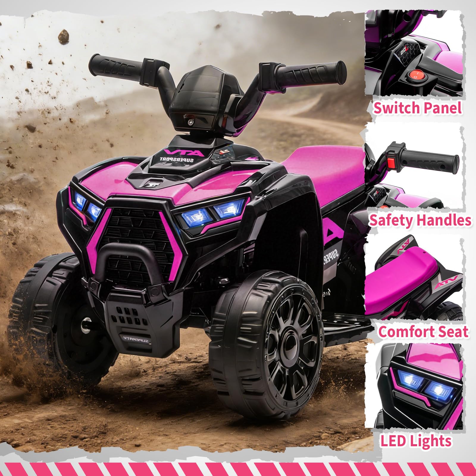 Garvee 6V Battery Powered Kids ATV Car with Lights, Music, 3.5mph Speed, 4 Wheeler, All-Terrain Tires, Safe Ride for Toddlers