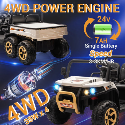 Garvee 24V 2-Seater 6-Wheel 4WD Kids Ride-On UTV Dump Truck - Parent Remote Control, Wireless Audio Music, LED Lights, Electric Dump Bed, Shovel - Electric Ride-On Car for Big Kids - White