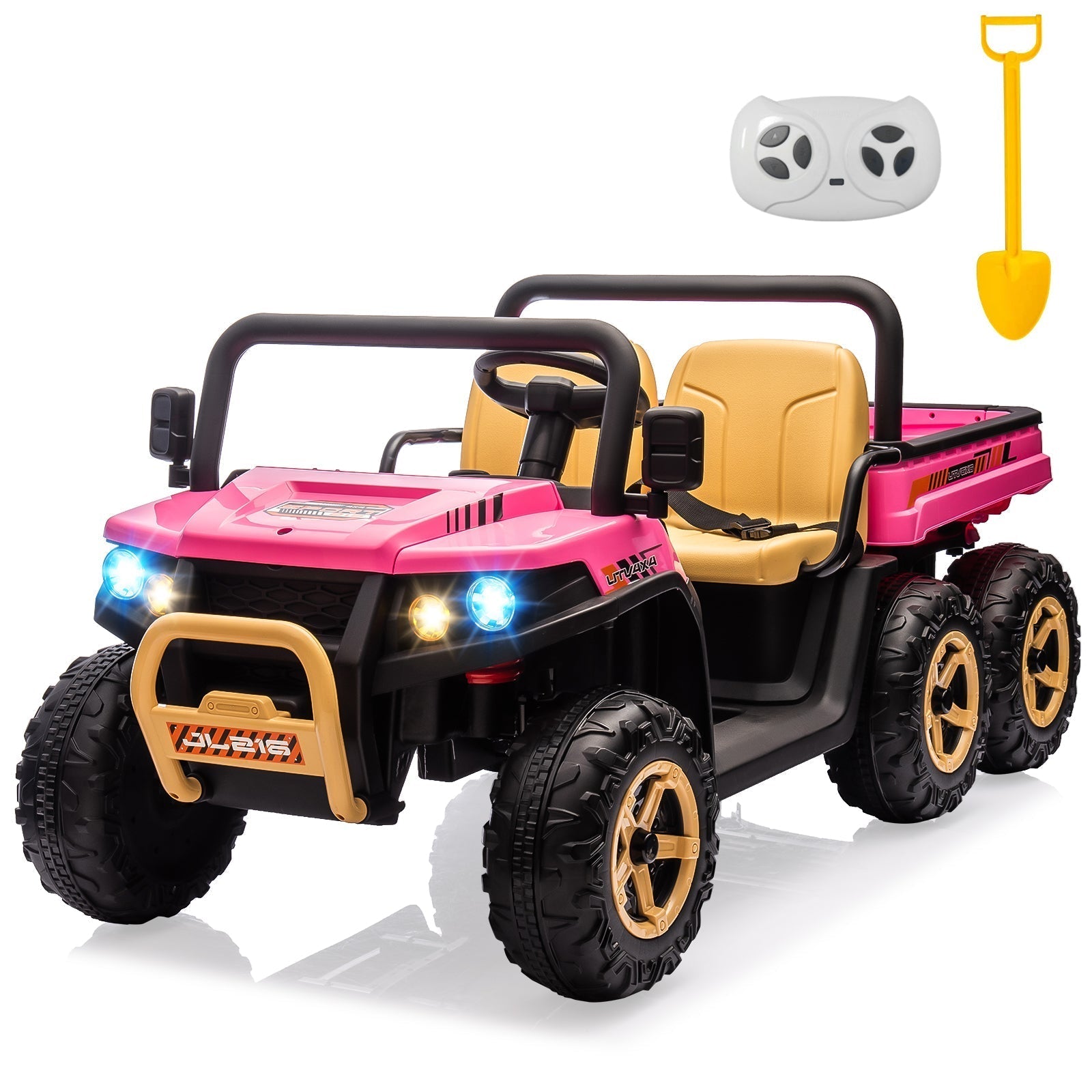Garvee 24V 2-Seater 6-Wheel 4WD Electric Ride-On Dump Truck UTV for Kids - Parental Remote, Wireless Audio Music, LED Lights, Electric Dump Bed, Shovel - Car Toy for Boys & Girls Ages 3-8 - Pink