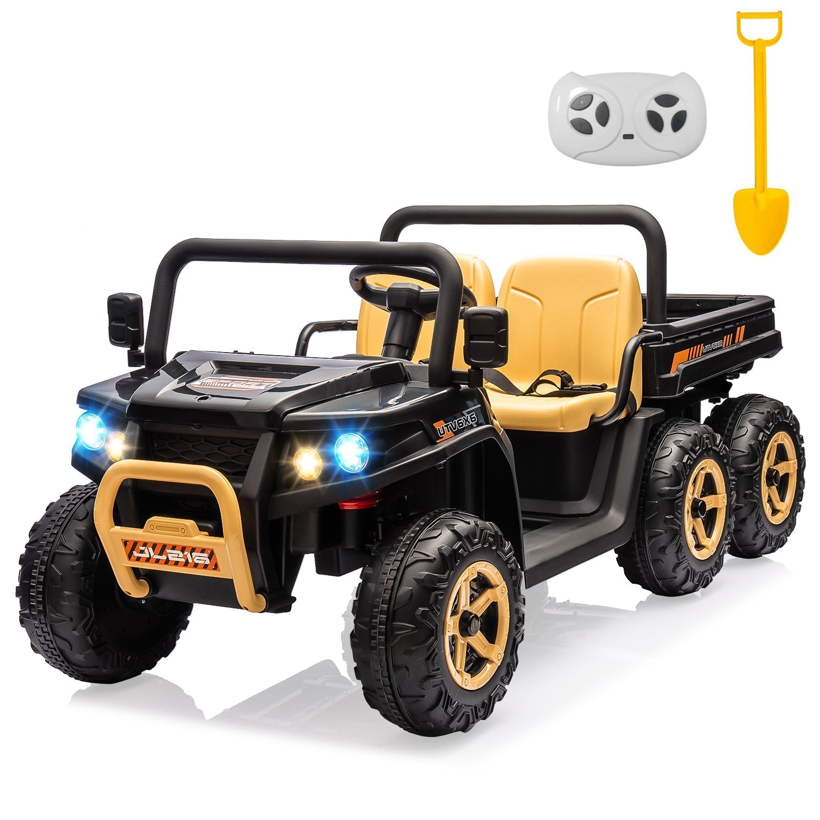 Garvee 24V 2-Seater 6-Wheel 4WD Kids Electric Dump Truck UTV - Remote Control, Wireless Audio Music, LED Lights, Shovel, Electric Dump Bed - Ride-On Car Toy for Boys & Girls - Black