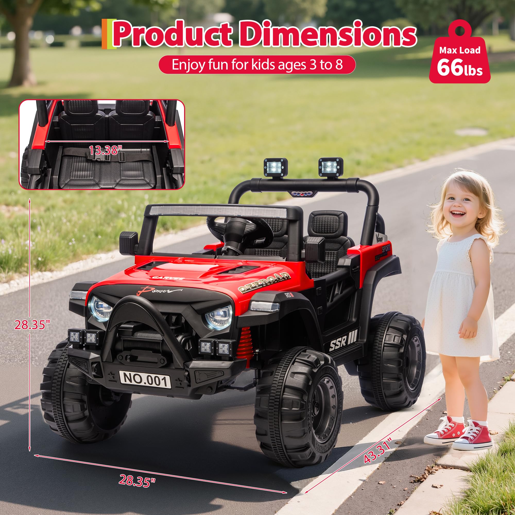 Garvee 12V Kids Electric Ride-On Car – Parent Remote Control, Spring Suspension, LED Lights, wireless Music, 3-Point Harness, Locking Doors, 3 Speeds, Battery Powered Toy Vehicle for Toddlers Boys Girls Ages 3-5 – Red