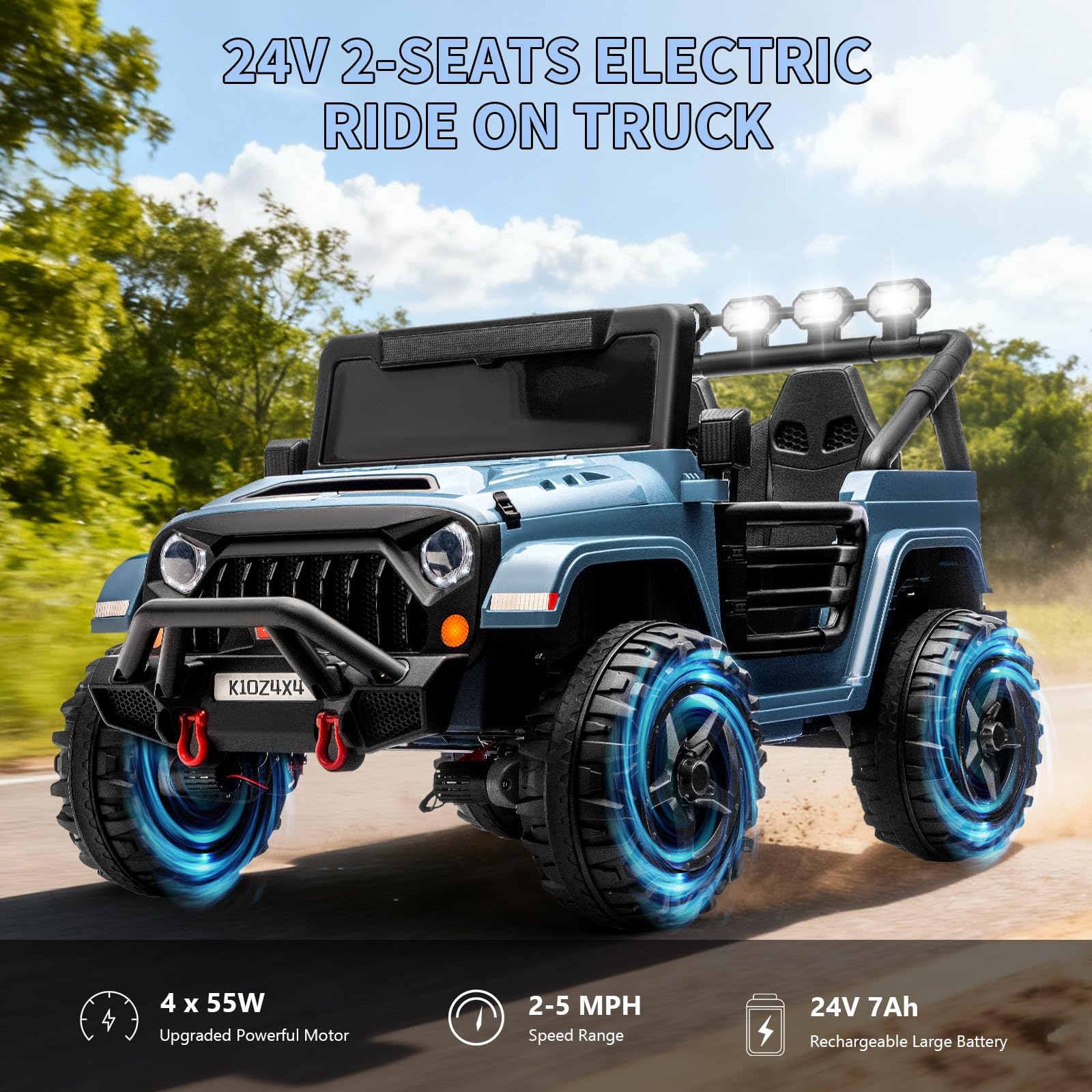 Garvee 24V 2-Seater Electric Ride On Truck for Kids – Remote Control – 4-Wheel Suspension – 3 Speeds – LED Lights – Wireless Audio & MP3 Player – Standard Test Method/CPSIA Certified – Light Blue