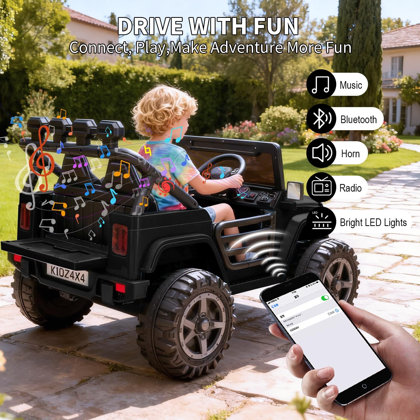 Garvee 24V 4x4 Electric Ride On Truck for Big Kids – 2 Seater Battery Powered Car – Remote Control – 3 Speeds – 4-Wheel Suspension – LED Lights – Wireless Audio Music – Gradual Start – Black