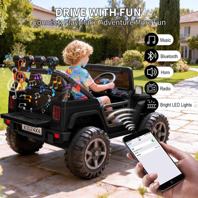 Garvee 24V 4x4 Electric Ride On Truck for Big Kids – 2 Seater Battery Powered Car – Remote Control – 3 Speeds – 4-Wheel Suspension – LED Lights – Wireless Audio Music – Gradual Start – Black