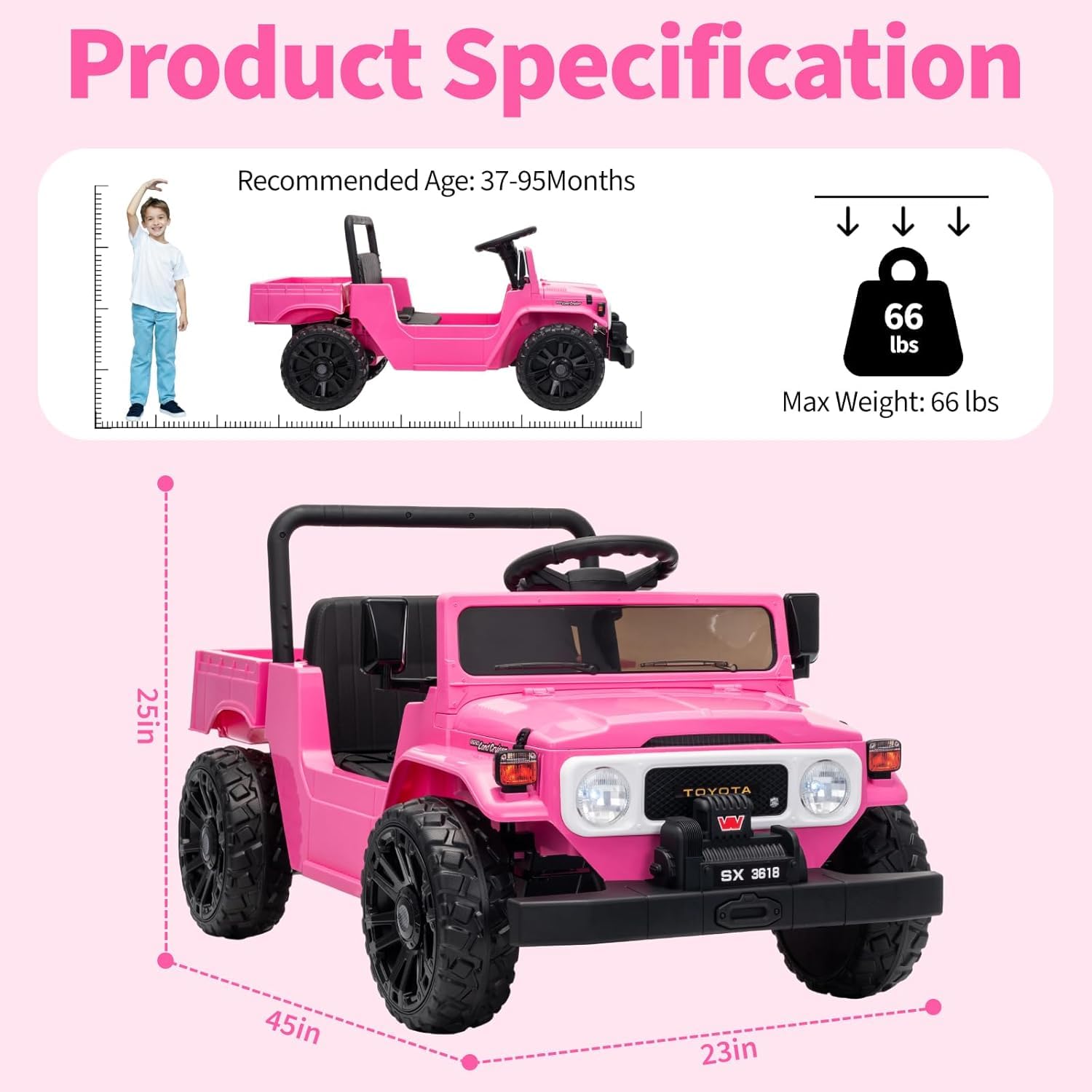 Garvee Licensed Toyota 12V 4WD Kids Ride-On Pickup Truck – Battery Powered Electric Car, Remote Control, wireless, LED Lights, Suspension, Soft Braking, Truck Bed Storage – For Toddlers & Big Kids – Pink