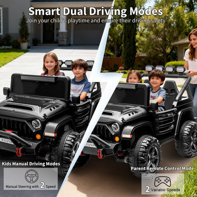 Garvee 24V 4x4 Electric Ride On Truck for Big Kids – 2 Seater Battery Powered Car – Remote Control – 3 Speeds – 4-Wheel Suspension – LED Lights – Wireless Audio Music – Gradual Start – Black