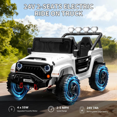 Garvee 24V 2-Seater Electric Ride On Truck for Big Kids – Parental Remote Control – 4-Wheel Suspension – 3 Speeds – LED Lights – Wireless Audio & MP3 Player – Standard Test Method/CPSIA Certified – White