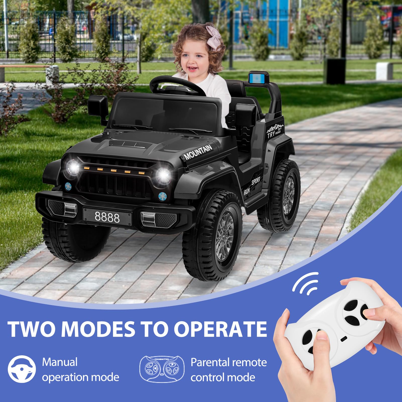 Garvee 12V Kids Ride On Electric Truck Car – Battery Powered, 3-Speed, Spring Suspension, LED Lights, MP3, Parental Remote, All-Terrain, Outdoor Toy Gift for Boys & Girls – Color: Black