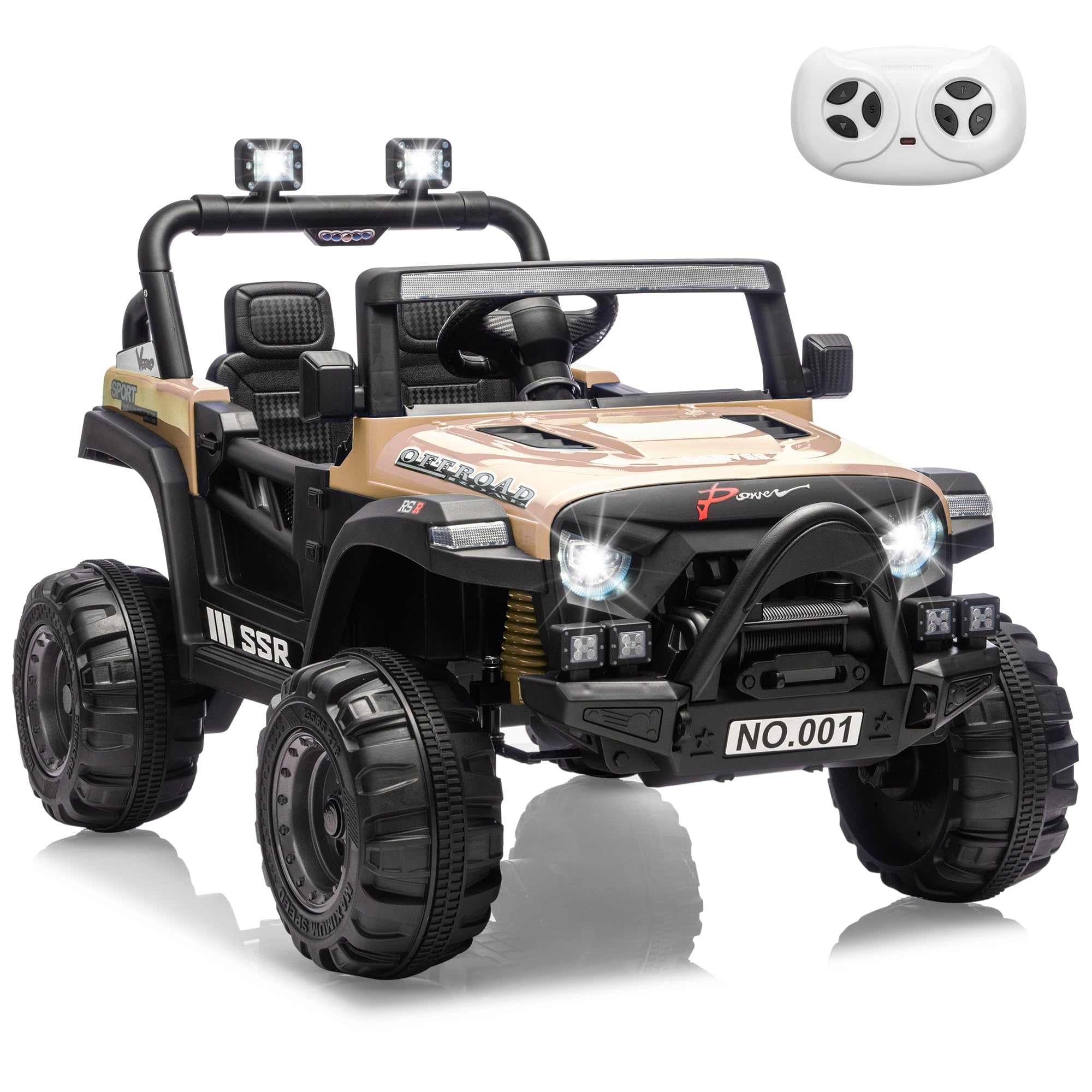 Garvee 12V Kids Electric Ride-On Car – Parent Remote Control, 3 Speeds up to 4.1MPH, Spring Suspension, Seat Harness, Locking Doors, LED Headlights, wireless Music, Battery Powered Truck Toy for Boys & Girls – Khaki