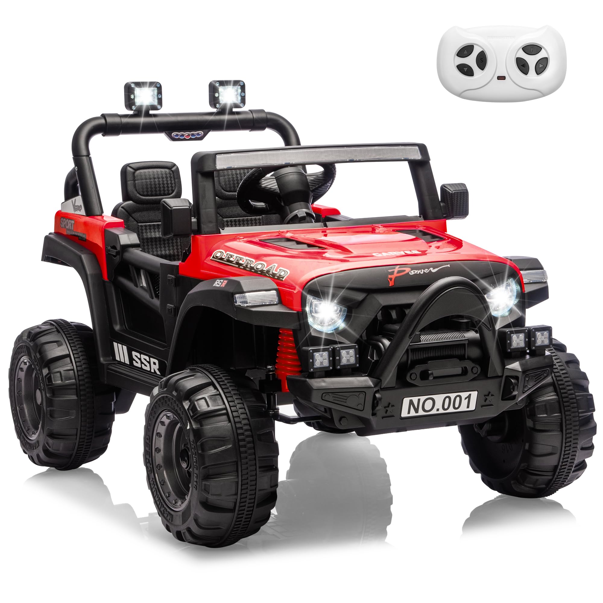 Garvee 12V Kids Electric Ride-On Car – Parent Remote Control, Spring Suspension, LED Lights, wireless Music, 3-Point Harness, Locking Doors, 3 Speeds, Battery Powered Toy Vehicle for Toddlers Boys Girls Ages 3-5 – Red