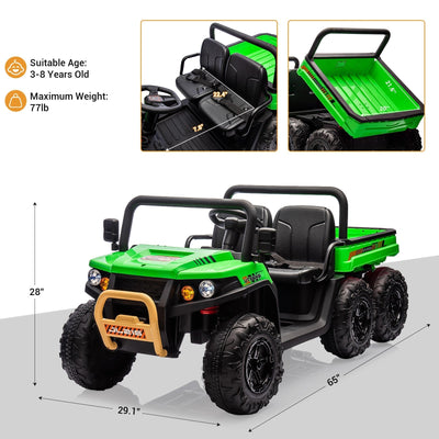Garvee 24V 2-Seater 6-Wheel 4WD Kids Electric Dump Truck Ride-On UTV - Parental Remote, Wireless Audio Music, LED Lights, Electric Dump Bed, Shovel - Off-Road Toy for Big Kids - Green