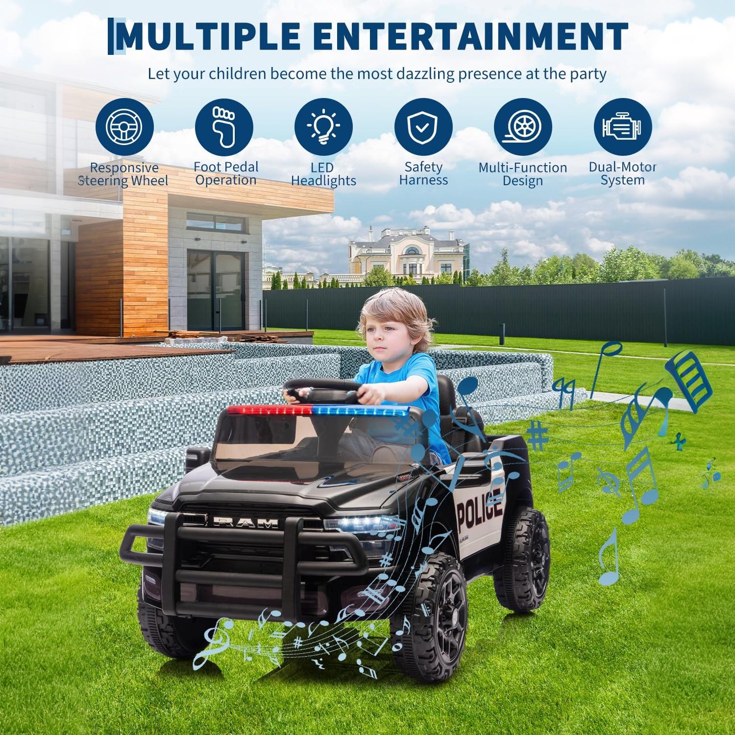 Garvee Kids Ride On Police Car 12V Electric Remote Control Spring Suspension LED Lights Music Toddlers Boys Girls Outdoor Play