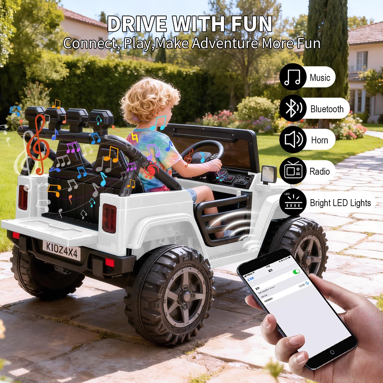 Garvee 24V 2-Seater Electric Ride On Truck for Big Kids – Parental Remote Control – 4-Wheel Suspension – 3 Speeds – LED Lights – Wireless Audio & MP3 Player – Standard Test Method/CPSIA Certified – White