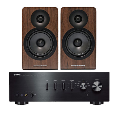 Yamaha AS501 Integrated Stereo Amplifier with Acoustic Energy AE100 MK2 Bookshelf Speakers Pair Walnut HiFi Package